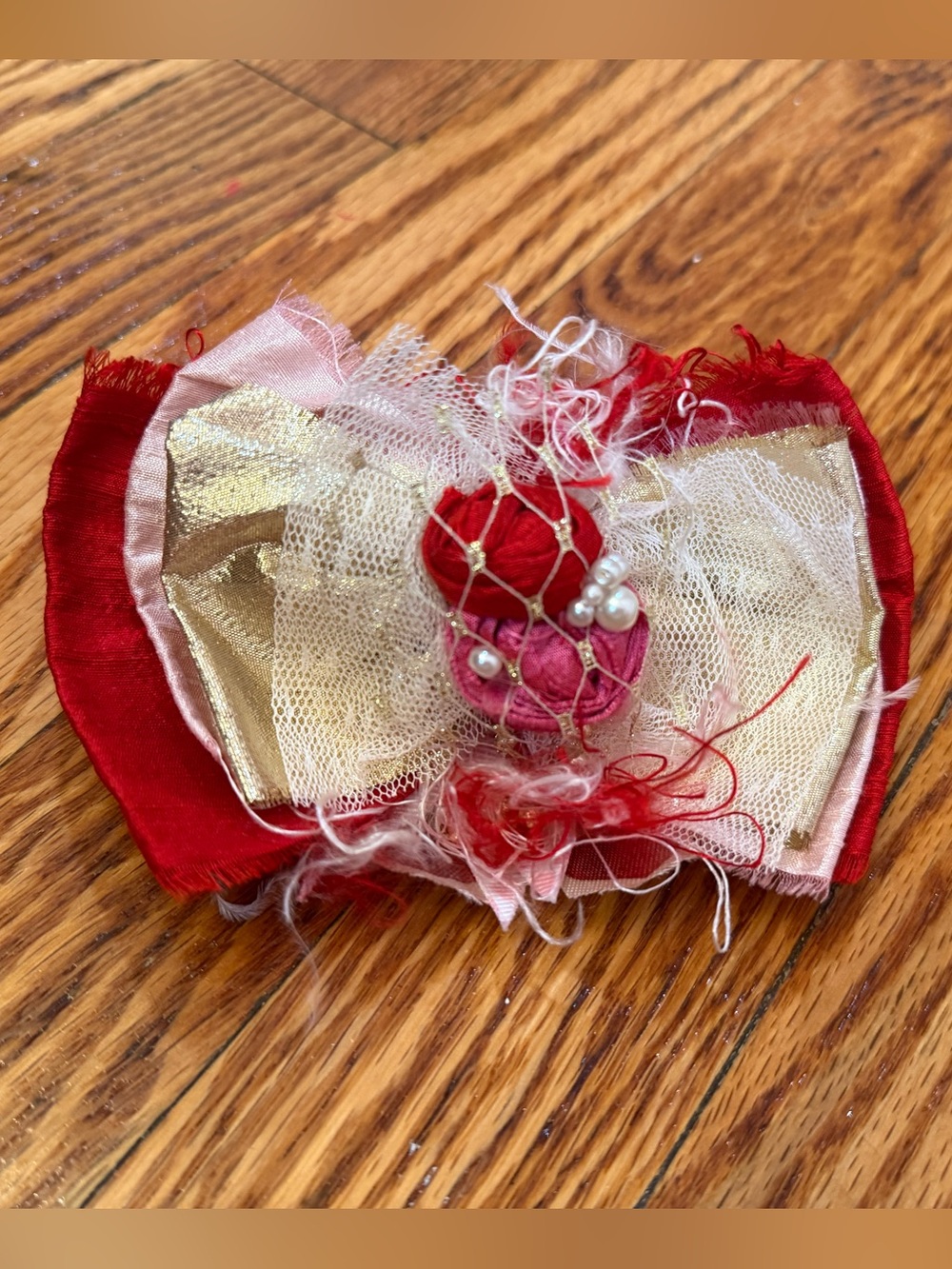 Juicy Couture Red, Pink and Gold Layered Fabric Bow Hair Clip